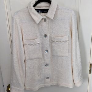 Zara cream textured tweed jacket pearl trim size m